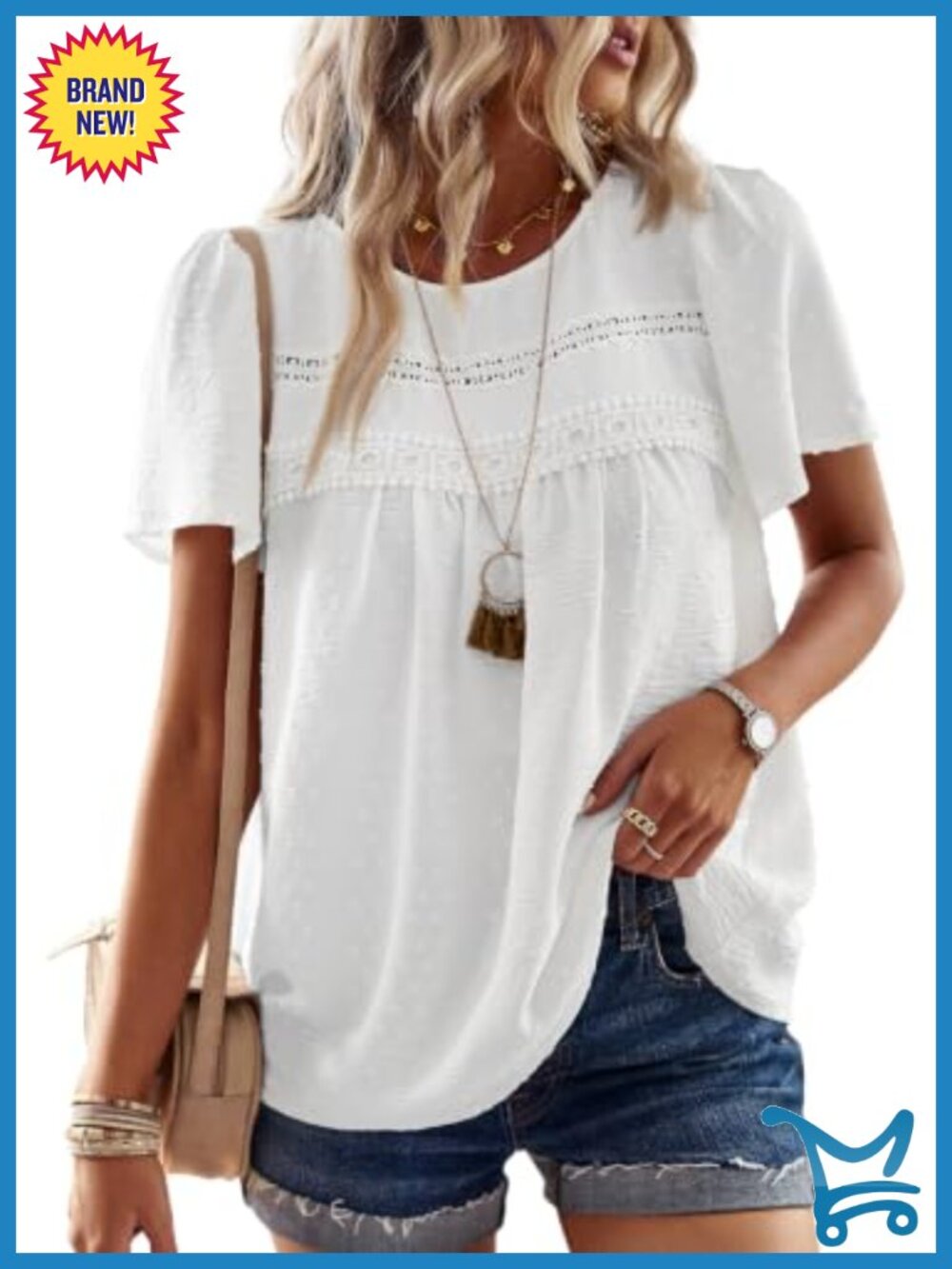 Womens Crochet Lace Boho Blouse Short Sleeve Crew Neck Loose Fit Summer Top